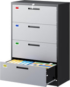 PEUKC 4 Drawer File Cabinet, Lateral Filing Cabinets for Home Office, Office Storage Drawers with Lock, Hanging Files Legal/Letter A4 Size (Assemble Required,Black Grey)