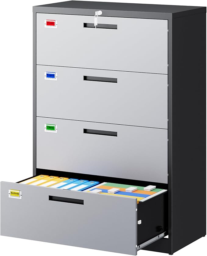 PEUKC 4 Drawer File Cabinet, Lateral Filing Cabinets for Home Office, Office Storage Drawers with Lock, Hanging Files Legal/Letter A4 Size (Assemble Required,Black Grey)