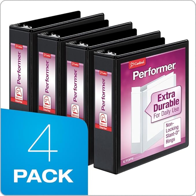 Cardinal Performer 3-Ring Binders, 2", Non-Locking Slant-D Rings, 540-Sheet Capacity, ClearVue Presentation, Non-stick, PVC-Free, Black, 4-Pack (27501)