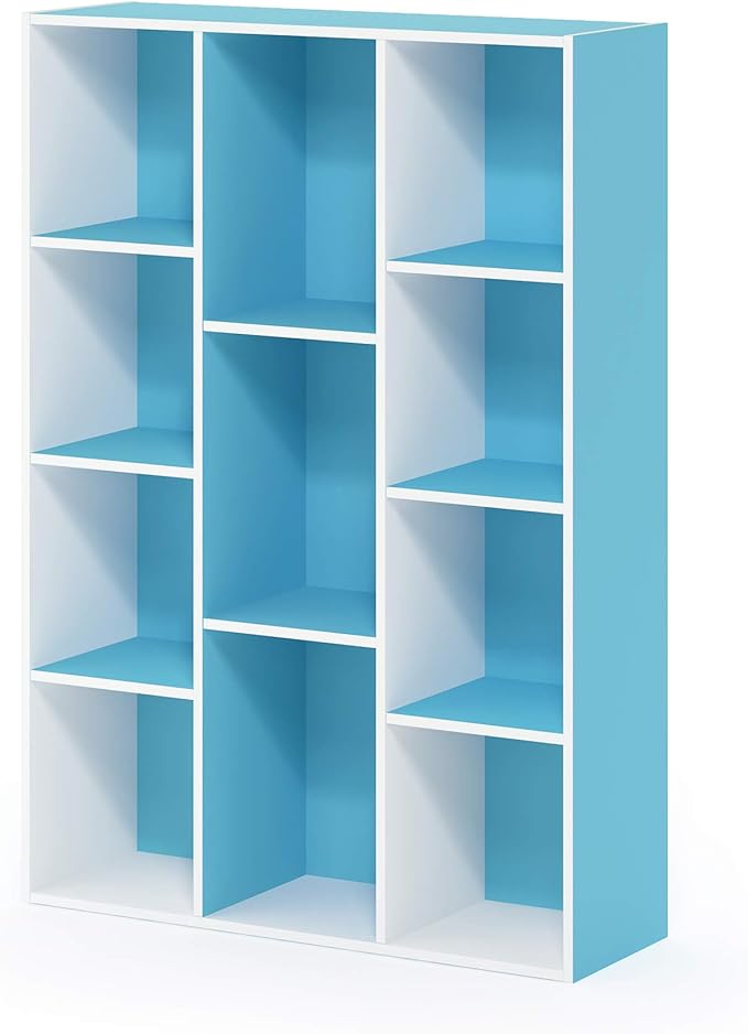 Furinno LUDER Book Shelf, 11-Cube Bookshelf, Reversible Bookcase, 9.4 x 29.1 x 41.7, for Living Room, Bedroom, Home Office, White/Light Blue