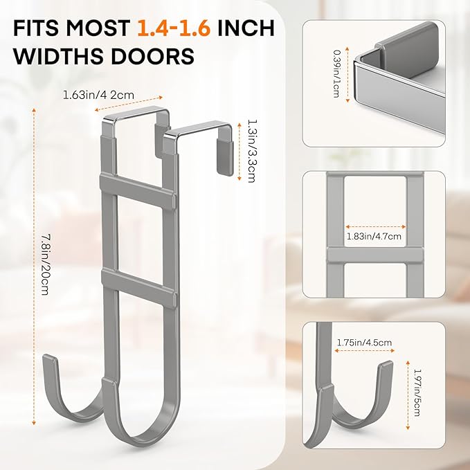FYY Over The Door Hooks - 2 Pack Heavy Duty Dual-Hook Organizer Hanger with Non-Slip Rubber for Towels, Clothes, Hats & Bags Use in Bathroom, Bedroom, Kitchen - Fits Interior Doors Up to 1.6" Grey