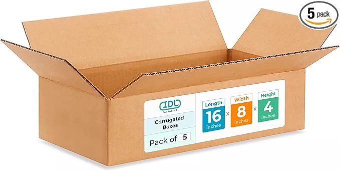 IDL Packaging - B-1684-5 Small Corrugated Shipping Boxes 16"L x 8”W x 4"H (Pack of 5) - Excellent Choice of Strong Packing Boxes for USPS, UPS, FedEx Shipping