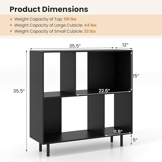 Tangkula 4 Cubby Open Bookcase, 3-Tier Freestanding Bookshelf with Detachable Metal Legs, Anti-toppling Device, Anti-Falling Baffles, Modern Cubicle Display Shelf (1,Black)