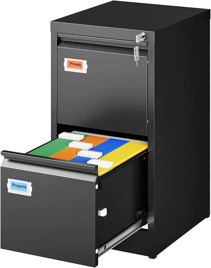 PEUKC 2-Drawer File Cabinet, 16.3" Deep Vertical Metal Filing Cabinet with Lock for Home Office, Anti-Tip 2 Storage Drawers for Letter/Legal/A4/F4 Size (Assemble Required, Black)