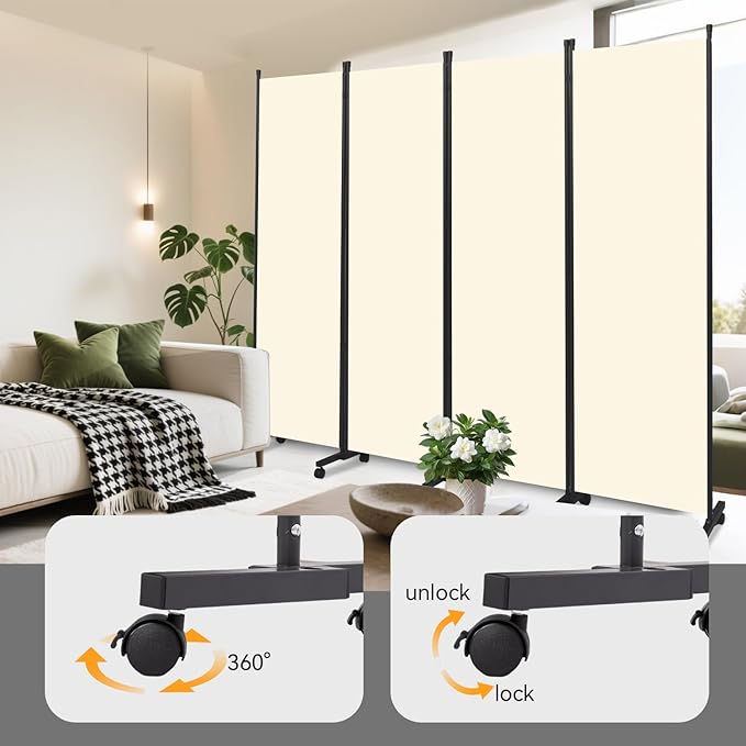 Room Divider (4 Panel) Wall Divider for Room Partition, 88 inch Metal Frame Wide Portable Privacy Screens W/Wheels, Freestanding Room Separators 5.6FT Room Divider Panel
