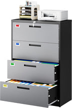 PEUKC 4 Drawer File Cabinet, Lateral Filing Cabinets for Home Office, Office Storage Drawers with Lock, Hanging Files Legal/Letter A4 Size (Assemble Required,Black Grey)