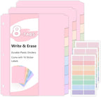 SKYDUE Durable Plastic 8-Tab Dividers, 3sets, Big Tab Dividers for 3 Ring Binder, Write&Erase 3 Ring Binder Dividers with Tabs,with Sticker Labels, Pink