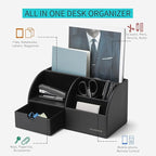 Vlando Office Desk Organizer Leather Desktop Organizer Caddy with Drawer for Storing Desktop Supplies and Accessories (Black)