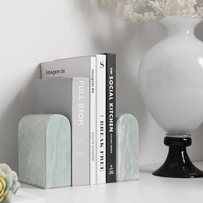 Faticdorr Luxury Marble Bookends for Shelves, 13LB Heavy Duty Marble Book Ends for Heavy Books, Stone Bookends Decorative, Polished, Light Green Arch, Set of 2