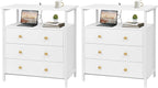 Edbuosy 3 Wooden Drawers Nightstand, 27 Inch Wide Night Stand Set 2 with Charging Station and Adjustable Drawers, Small Dresser for Closet, Bedside Table for Living Room/Bedroom/Office, White.