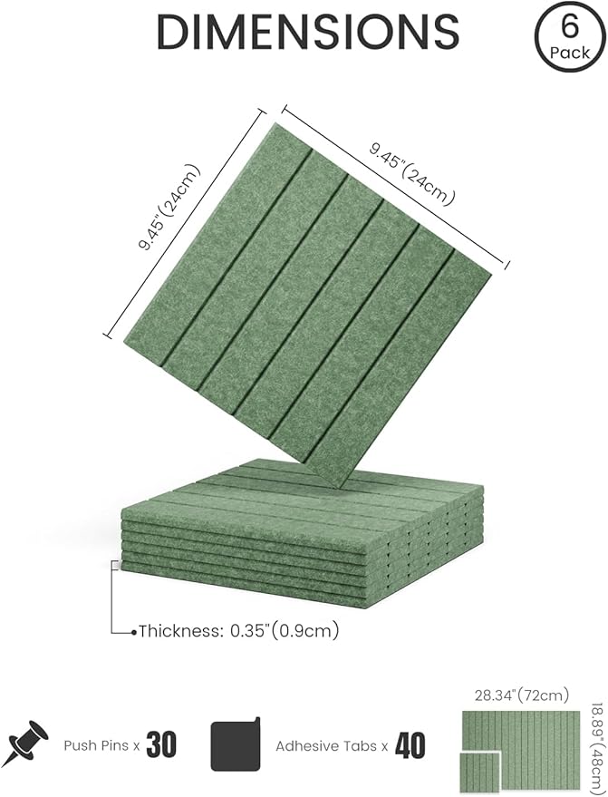 Fluxynara Felt Bulletin Board Tiles -28"x18" with 40 Adhesive Tabs, Cork Board Alternative for Office Decor, Push Pin Board Wall Organizer 6-Pack (Moss Green)