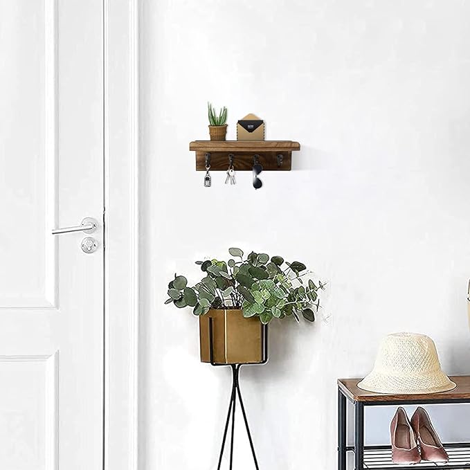 HRONRAD Rustic Key Holder for Wall, Farmhouse Wall Shelf with 4 Hooks, Wall Mounted Key Racks, Wooden Mail Organizer with Hooks for Entryway (Brown)