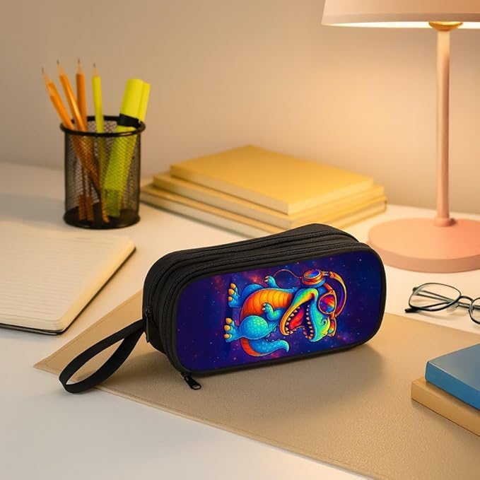 HiMagics Children's Pencil Case, Large Zipper Pencil Pouch for Boys with Two Compartments Boys Pen Pouch for School Dinosaur Pencil Bag, Black