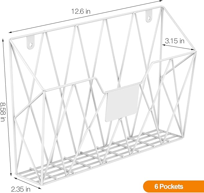 CADUKE 6 Pack Hanging Wall File Organizer Mesh Folder Holder Mail Magazine Organizer Wall Mounted with Hooks & Label Panels for Office Home, White
