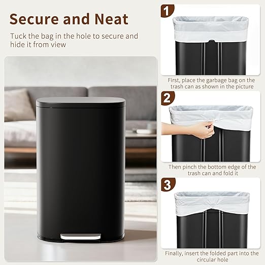 PayLessHere Stainless Steel Trash Can with Lid - Removable Inner Bucket, Foot Pedal Soft Close for Office, Home, Kitchen Garbage Bin (Black, 13 G)