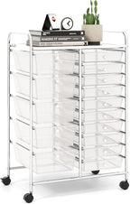 LDAILY 15 Drawer Rolling Storage Cart, Rolling Cart with Drawers for Classroom, Art Supply Craft Organizer on Wheel with Metal Frame & Handles for Home Office School