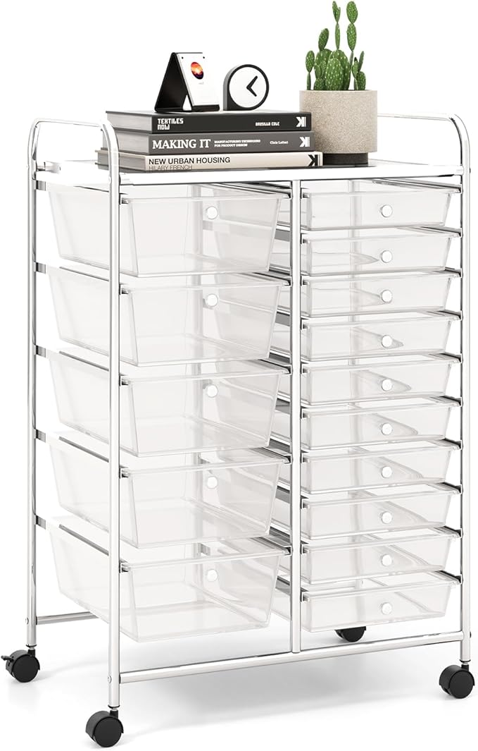 LDAILY 15 Drawer Rolling Storage Cart, Rolling Cart with Drawers for Classroom, Art Supply Craft Organizer on Wheel with Metal Frame & Handles for Home Office School