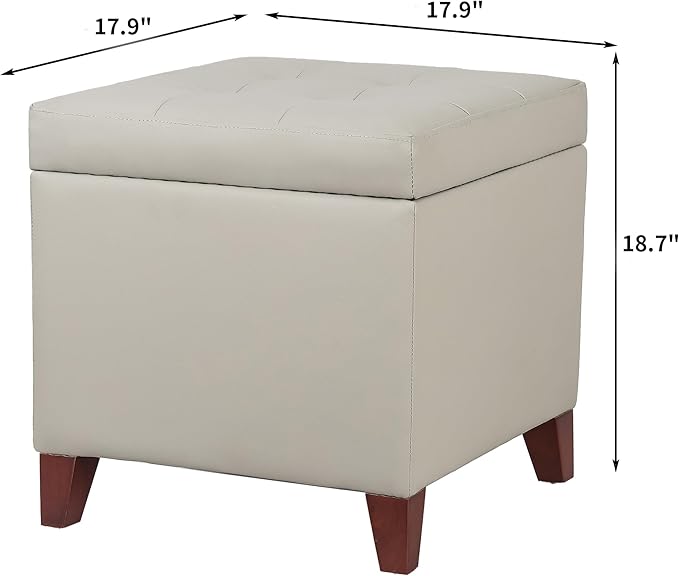 Homebeez Tufted Faux Leather Storage Ottoman Square Cube Foot Rest Stool with Flip Top, Elephant Grey