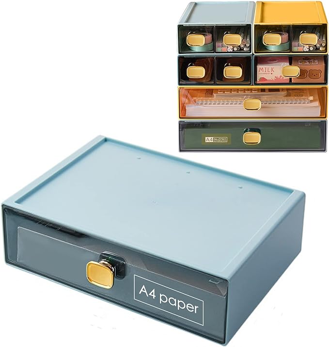 DETEIN Stackable Desk Organizer Drawer 13"Wx9"Lx3.3"H Large Desktop Storage Drawers for Printer Paper Clear Stacking Storage Organizer Box for Office, Home, Stationery, Bathroom (Blue, L)