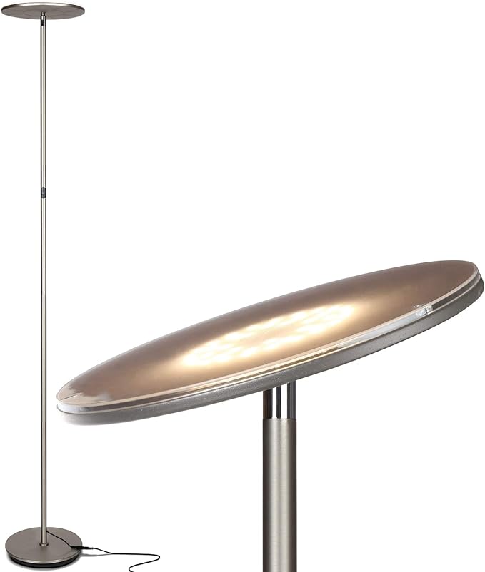 Brightech Sky LED Floor lamp, Torchiere Super Bright Floor Lamp for Living Room Decor & Office - Dimmable, Tall Standing Lamp with Warm Light for Bedroom & Reading - Brushed Nickel