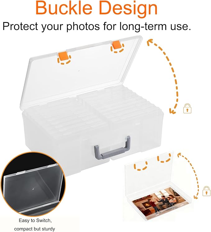 Photo Storage Box 5 x 7 Inches, 18 Inner Extra Large Photo Boxes with Dividers, Clear Acid-Free Photo Storage Containers with Handle, Photo Organizer Craft Keeper for Photo,Craft,Stamp,Sticker,Seed