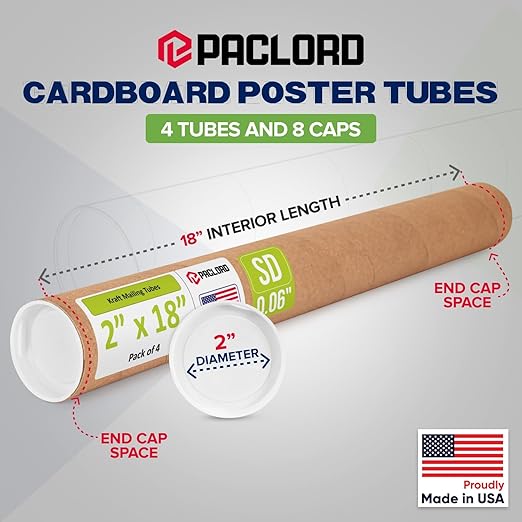 Paclord 2" x 18" Reinforced Kraft Paper Mailing Tube, Pack of 4 Tubes with 8 Caps – Secure USPS Approved Poster Tube – Cardboard Tube for Shipping and Storing Posters, Prints, Artwork, or Documents