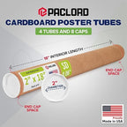 Paclord 2" x 18" Reinforced Kraft Paper Mailing Tube, Pack of 4 Tubes with 8 Caps – Secure USPS Approved Poster Tube – Cardboard Tube for Shipping and Storing Posters, Prints, Artwork, or Documents