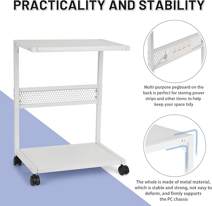 Bfttlity PC Stand Computer Tower Stand 2-Tier Metal CPU Holder with Locking Caster Wheels Suitable for Most PC (S,White)