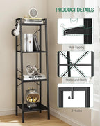 Hzuaneri Ladder Shelf, Bookshelf Bookcase, Freestanding Corner Storage Shelve with 2 Hooks for Home Office, Living Room, Kitchen, Bedroom, Industrial, 11.8" D x 13.4" W x 47.2" H, Black BC13204B