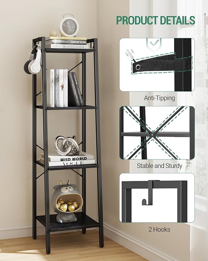 Hzuaneri Ladder Shelf, Bookshelf Bookcase, Freestanding Corner Storage Shelve with 2 Hooks for Home Office, Living Room, Kitchen, Bedroom, Industrial, 11.8" D x 13.4" W x 47.2" H, Black BC13204B