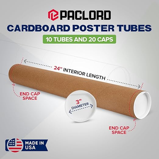 3" x 24" Reinforced Kraft Paper Mailing Tubes, Pack of 10 Tubes with 2 Caps Each – USPS Approved Poster Tube – Made in USA Cardboard Tube for Shipping and Storing Posters, Prints, Artwork, Documents