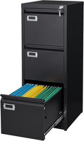 MIIIKO 3 Drawer File Cabinet, Black Metal Vertical Filing Cabinet with Lock, Home Office File Folders Storage Cabinet for Letter Legal A4 File Size