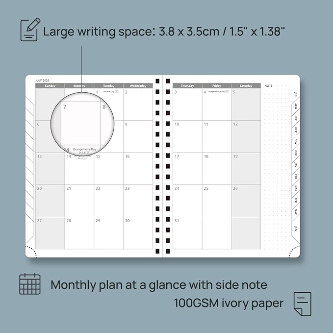 POPRUN Planner 2025-2026, Horizontal Weekly Notebook Jul.25-Jun.26 (Medium 6.75''x 8.75''), Academic Calendar Book with Monthly Tabs, Spiral Soft Cover, Inner Pocket, 100 GSM - Army Green