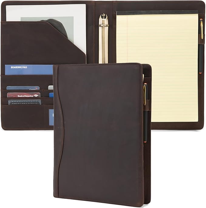 Geslun Genuine Leather 3 Ring Binder, 8.5 x 11 Letter Size Folio with Pen Holder, Soft Notebook Portfolio Cover, Slim Notepad Padfolio Thin File Organizer for Work Executive Meeting, Dark Brown