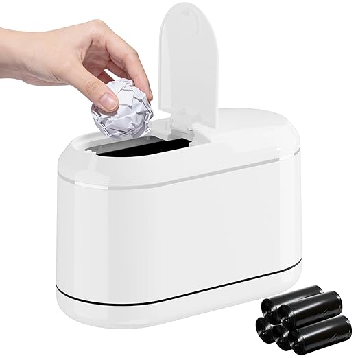 PAVSTINE Mini Trash Can for Desk with 5 Rolls of Trash Bags, Small Press-Top Countertop Garbage Bin, Removable Waste Basket for Bedroom, Vanity, Coffee Table, Kitchen (White Half-Lid)