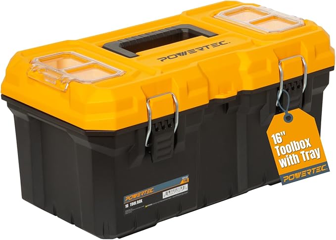 POWERTEC 16-Inch Tool Box with Trays - Lockable, Metal Latch, Organizer, Portable Storage for Tools, Small or Mid-Sized Parts (72119)