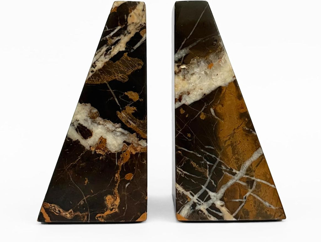 Ottimo Premium Polished Natural Marble bookends for use as Bookshelf Decor, Home, Office or Kitchen Shelves. Heavy, Triangular,and Modern Decorative Book Stopper with Anti-Slip Pads (Black Gold)