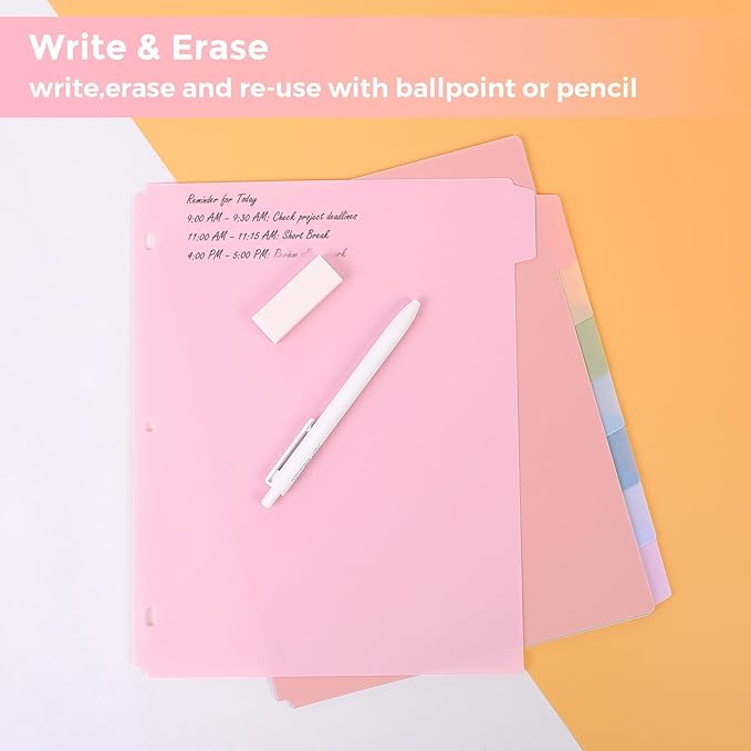 SKYDUE Durable Plastic 8-Tab Dividers, 3sets, Big Tab Dividers for 3 Ring Binder, Write&Erase 3 Ring Binder Dividers with Tabs,with Sticker Labels, Pink