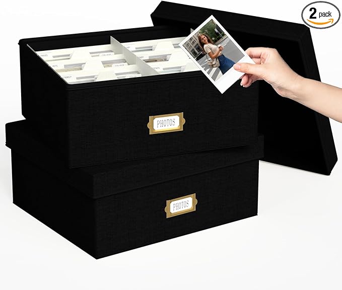 Decorative Photo Storage Box - 2 Pack Linen Photo Box Organizer with Dividers, Fits Holds Up to 1700 Pictures and 4x6 Photos, Memory Keepsake Organizer for Scrapbook Supplies, Cards, Stamps (Black)