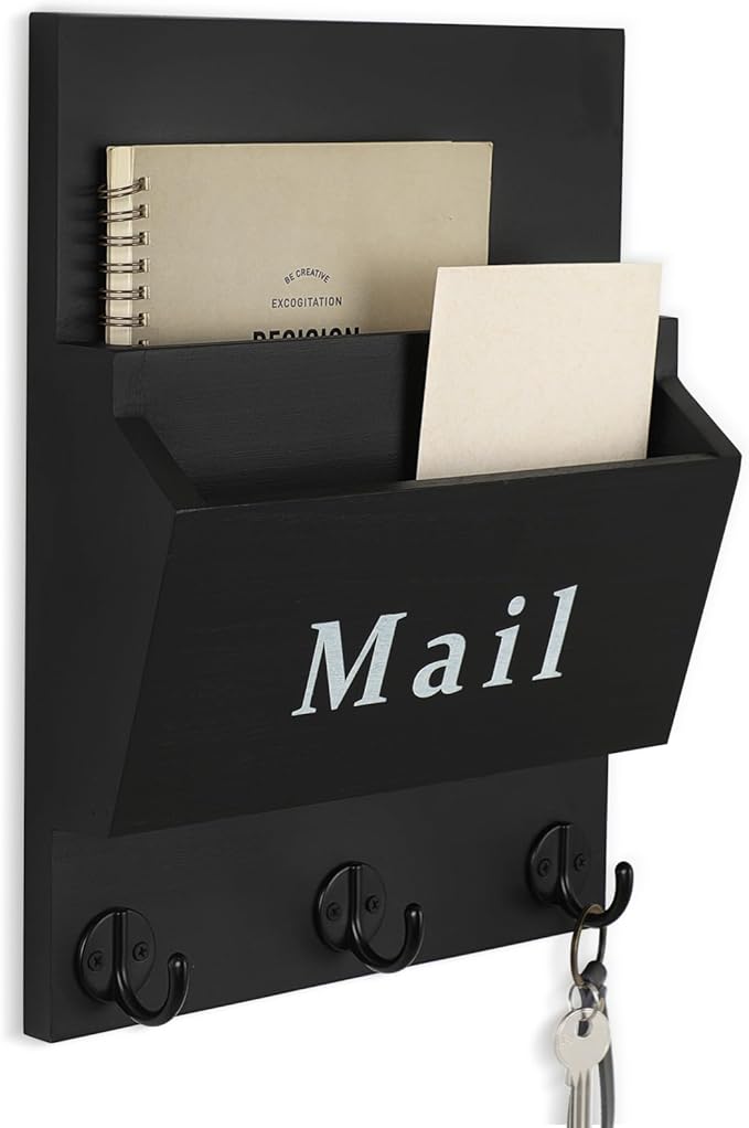 Lucundm Mail and Key Holder - Decorative 9.8" x 12.5" Wall Key Hanger with 2 Mail Organizer Slots and 3 Hooks - Real Paulownia Wood with Keyhole Brackets, Hardware and Instructions (Black)