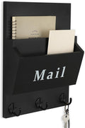 Lucundm Mail and Key Holder - Decorative 9.8" x 12.5" Wall Key Hanger with 2 Mail Organizer Slots and 3 Hooks - Real Paulownia Wood with Keyhole Brackets, Hardware and Instructions (Black)