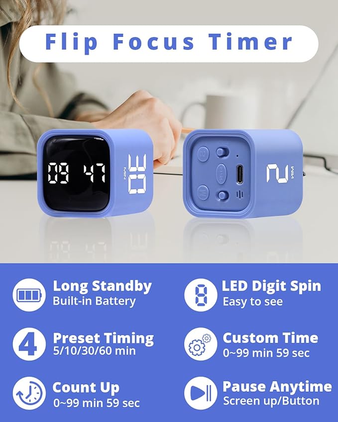 Productivity Timer Flip Gravity Sensor Cube Timer Countdown & Countup,Mute & Vibrate & Sound，5/10/30/60min & Custom Timing, Perfect for ADHD,Work,Learning,Kitchen Cooking (2 Blue)