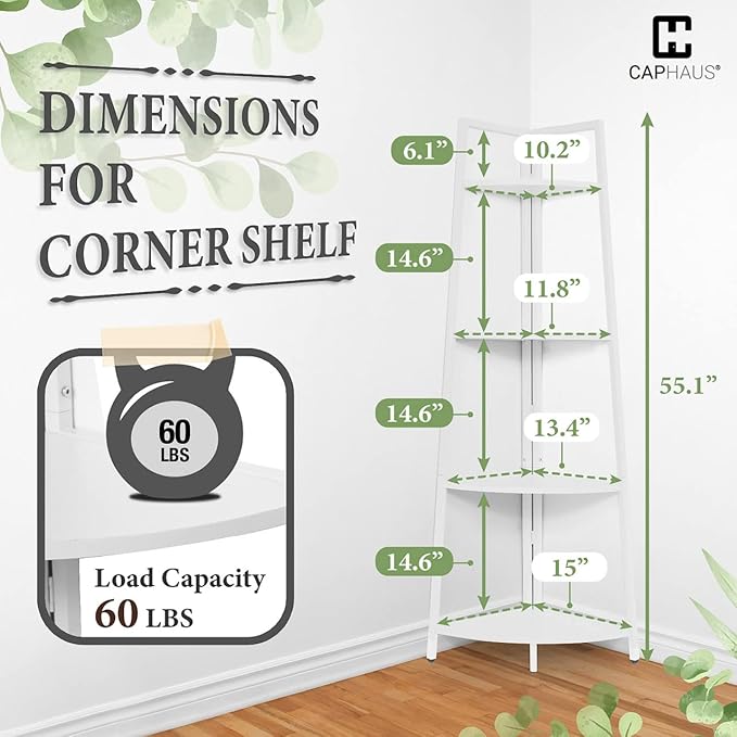 CAPHAUS Tall Corner Shelf Stand, 4-Tier Display Shelves, Ladder Corner Wood Storage Plant Bookshelf with Metal Frame, Versatile Shelving Unit Bookcase for Home Office Space, White