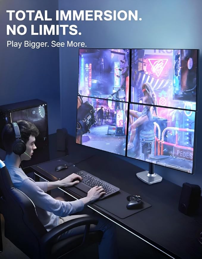 Ergounion Quad Monitor Mount, Holds Screens up to 40 Inches and 25 lbs, Fully Adjustable 4 Monitor Mount with C-Clamp and Grommet Base, Aluminum, Silver