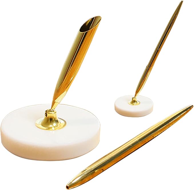 Stone-Style Pen Stand with Zinc Alloy Ballpoint Pen, Blue Refill – Office Pen Stand for Home & Office, The best choice for gift giving (Glass white)