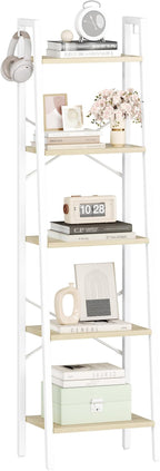 Hzuaneri Ladder Shelf, Bookshelf Bookcase, Freestanding Corner Storage Shelve with 2 Hooks for Home Office, Living Room, Kitchen, Bedroom, Industrial, 11.8" D x 17.3" W x 63" H, White Oak and White