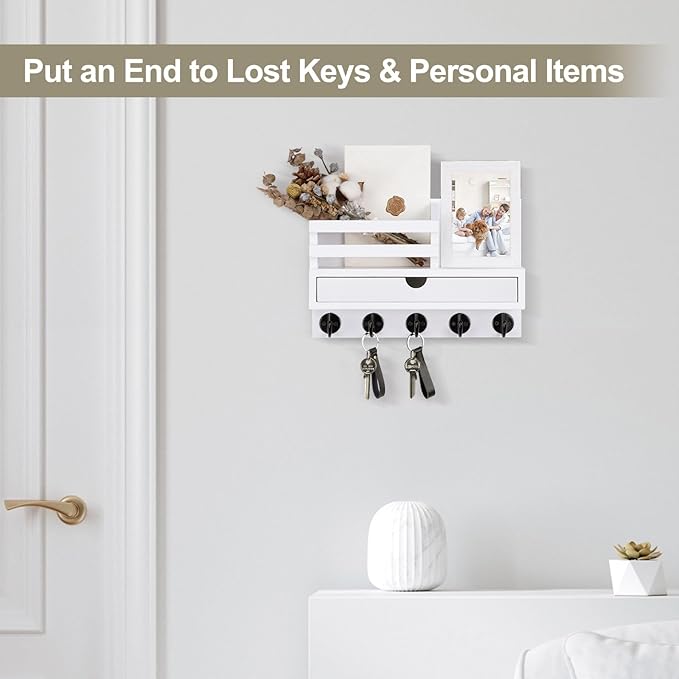 Lucundm Key Holder Wall Mount, Mail Holder with Storage Drawer and 5 Key Hooks for Coat, Dog Leash, Home Decor Rack, House Accessories, Entry Way Organizer