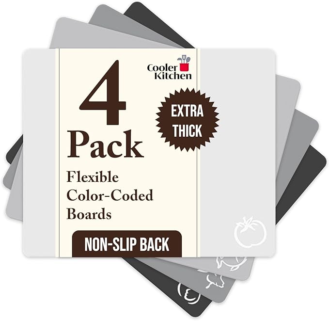 Cooler Kitchen Extra Thick Flexible Cutting Mat Set With Food Icons & EZ-Grip Back (Set Of 4 Mats) - Flexible Cutting Boards for Kitchen - Flexible Plastic Cutting Board Set (Black and White)…
