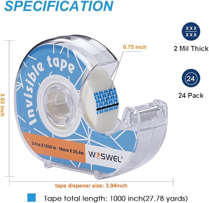 WOSWEL Tape Refills with Dispenser, 24 Roll Invisible Tapes, 3/4 Inch X 1000 in, Gift Wrapping Tapes Supplier for Valentine's Day Home School Office Use