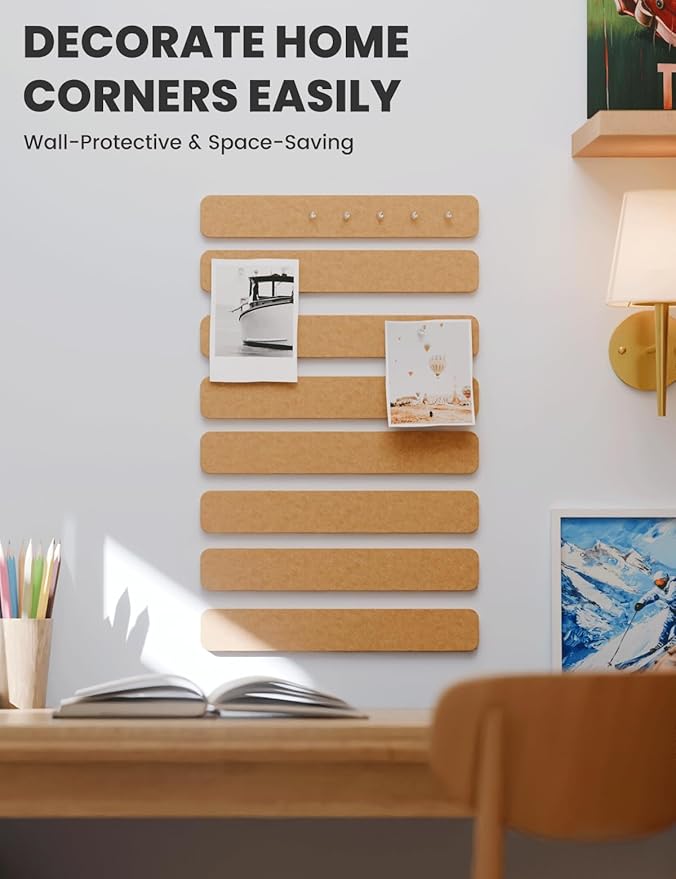 Fluxynara Cork Board Alternative Felt Strip Board 8-Pack 13"x2", Office Pin Board with 50 Push Pins, Adhesive Install for Bedroom Door & Home Office(Sunset Yellow)